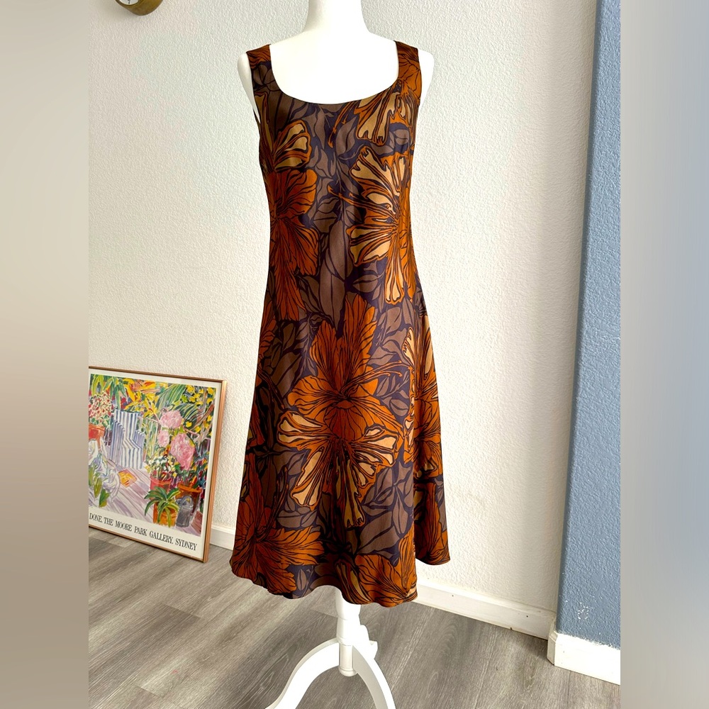 Planet silk brown floral print midi dress size 10